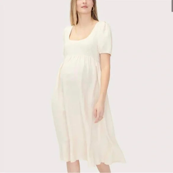 Hatch Cream Tisha Maternity Pleated Puff Sleeve Ruffled Hem Dress - Picture 1 of 6